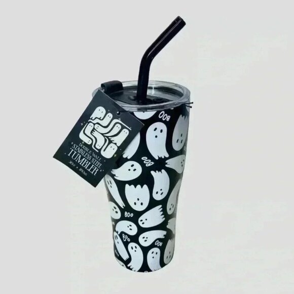 Wellness Double Wall Steel Black & White Tumbler Straw 30oz Halloween Boo Ghosts - Picture 2 of 3